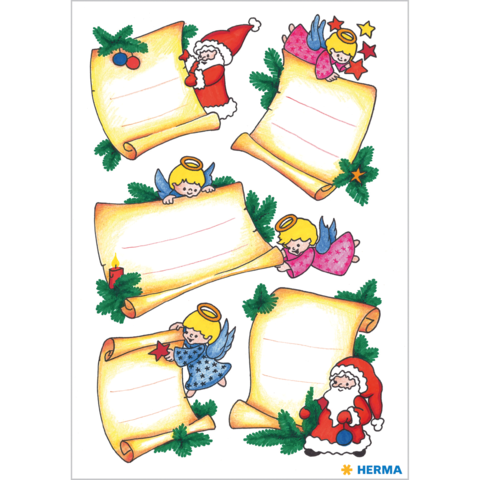 Weihnachtliche Aufkleber mit Engeln, einem Weihnachtsmann und leeren Schriftrollen, um persönliche Nachrichten zu schreiben.