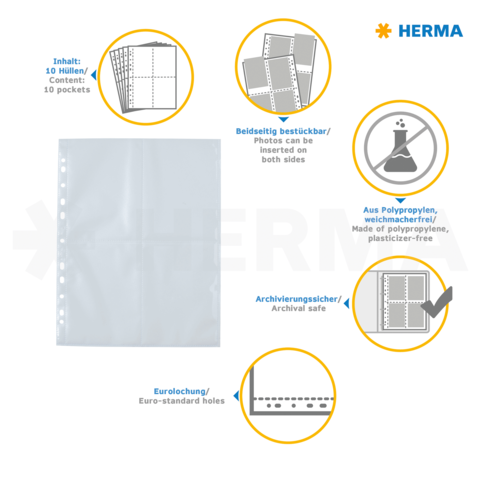 Transparente Hülle mit 10 Taschen, aus Polypropylen, beidseitig bestückbar, archivierungssicher, Eurolochung für Standardordner.