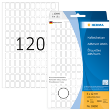 Haftetiketten in weiß, 8 x 12 mm, 2880 Stück, verpackt in einer blauen Box mit der Aufschrift "HERMA" und der Produktnummer 10600.