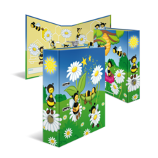 Bunte Sammelmappe mit Bienen und Blumenmotiven, die eine fröhliche, kindgerechte Gestaltung zeigt.