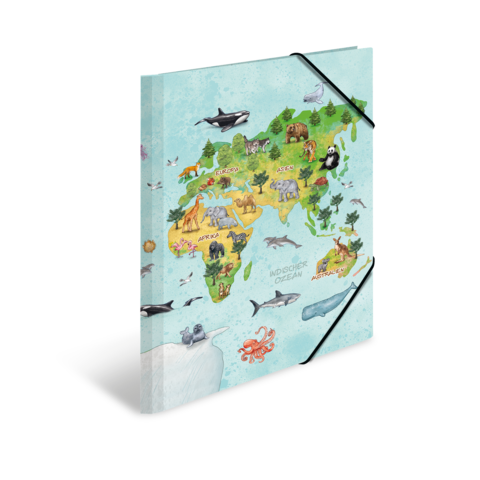 Eine farbenfrohe Weltkarte mit verschiedenen Tieren, die in ihren jeweiligen Regionen abgebildet sind, darunter Elefanten, Pinguine und Wale.
