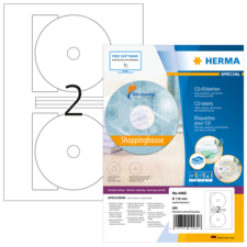 CD-Etiketten von Herma, Packung mit 200 Etiketten, zeigt ein Beispieletikett mit dem Text "Shoppinghouse".