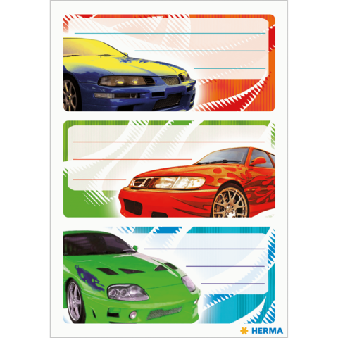 Vier Sportwagen in verschiedenen Farben (blau, rot, grün) mit leeren Beschriftungsfeldern für persönliche Notizen.