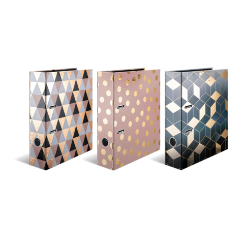 Drei Aktenordner mit unterschiedlichen geometrischen Mustern in Farben wie Blau, Rosa und Gold.