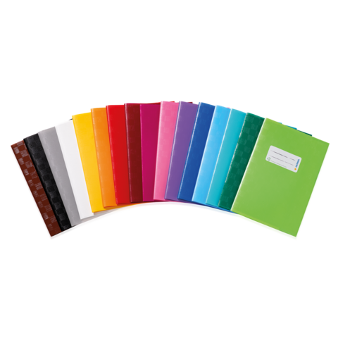 Eine Reihe von farbigen Ordnern in verschiedenen Farben, angeordnet von links nach rechts, einschließlich Rot, Blau, Gelb und Grün.