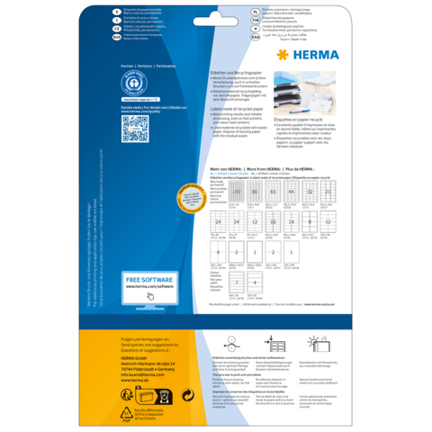 Rückseite einer Verpackung für Etiketten von HERMA, mit Anweisungen, QR-Code und Informationen zu recyceltem Papier.