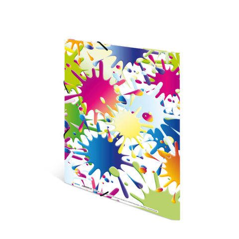 Bunte Ordner mit Farbklecksen in verschiedenen Formen und Größen auf einer weißen Hintergrundfläche.