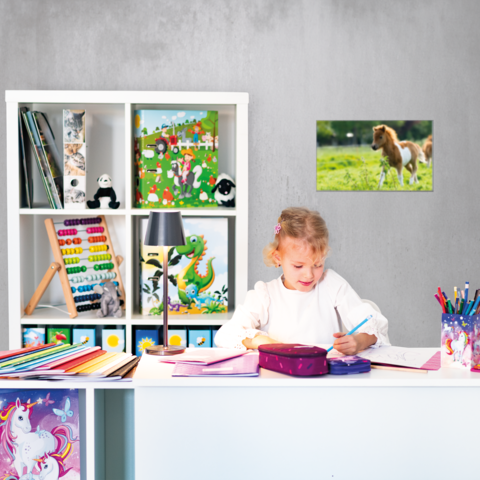 Ein Mädchen sitzt an einem Schreibtisch, malt mit Stiften und hat eine Federmappe vor sich. Im Hintergrund sind Regale mit Spielzeug und Kunstmaterialien.