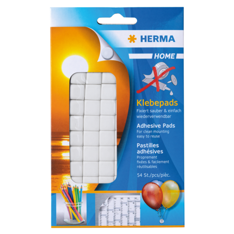 Klebepads in einer Verpackung mit 54 Stück, geeignet für sauberes und einfaches Anbringen. Mehrsprachige Beschriftung.