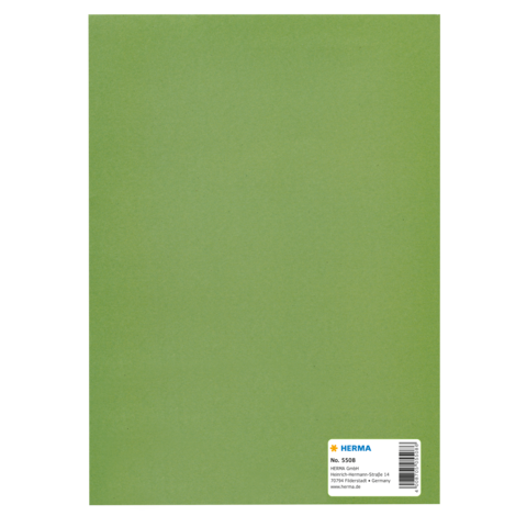 Grünes Heft mit der Aufschrift "HERMA No. 5508" und einem Etikett, das Informationen über das Produkt enthält.