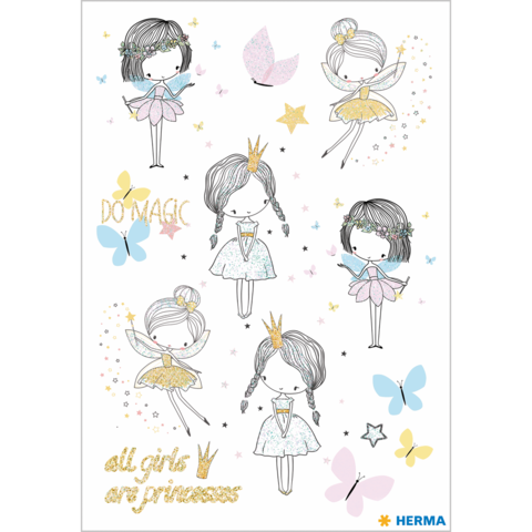 Sechs stilisierte Mädchen in Ballettkleidung, umgeben von Schmetterlingen und Sternen. Text: "Do Magic" und "All girls are princesses".