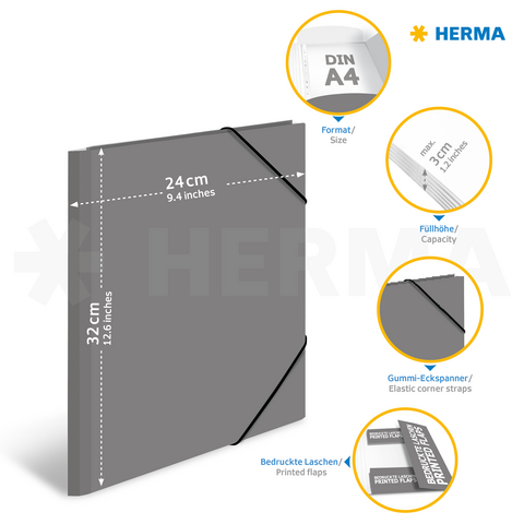 Dossier A4 gris avec des bandes élastiques, 24 cm x 32 cm, pour 200 feuilles, avec des onglets imprimés et des informations sur le format et la capacité.