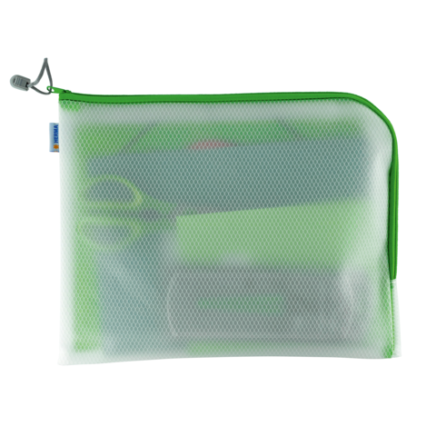 Transparente Tasche mit grünem Reißverschluss, gefüllt mit verschiedenen Büro- und Schreibutensilien.