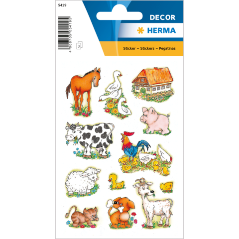 Bunte Aufkleber mit verschiedenen Tieren wie Pferd, Gans, Kuh, Huhn, Schwein und Schaf, umgeben von Blumen und einem kleinen Haus.