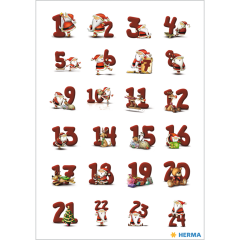 Calendrier de l'Avent avec des chiffres de 1 à 24, chaque chiffre représente un Père Noël ou des motifs festifs.