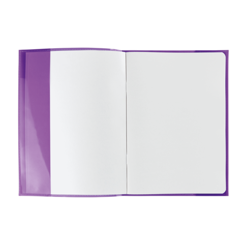 Ein offenes, leeres Notizbuch mit lila Umschlag und weißen Seiten.