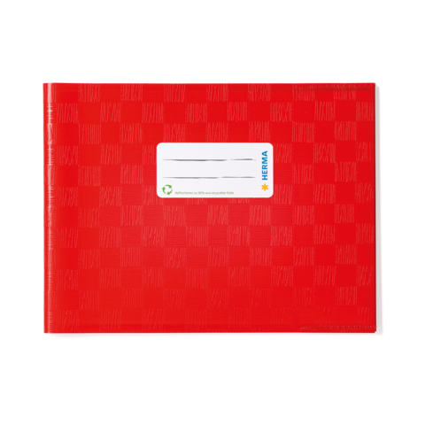 Rotes Notizbuch mit einem strukturierten Muster und einem weißen Etikett, das den Namen "HERMA" trägt.