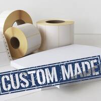 Translation: "Icône de demande de fabrication sur mesure, étiquettes vierges avec tampon personnalisé.