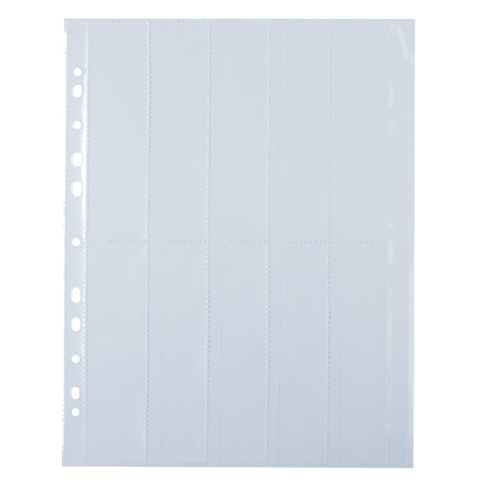 Leere, transparente Kunststoffhülle mit mehreren Fächern und Lochung auf der linken Seite für Ordner.