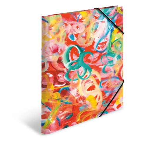 Buntes, abstraktes Kunstwerk mit geschwungenen Linien und Formen in Rot-, Gelb- und Grüntönen.