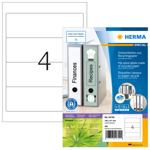 Ordneretiketten aus Recyclingpapier mit den Beschriftungen "Finanzen" und "Rezepte", inklusive Softwarehinweis für die Gestaltung.