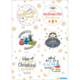 Weihnachtliche Aufkleber mit verschiedenen Motiven, darunter Geschenke, Weihnachtsgrüße und festliche Symbole.