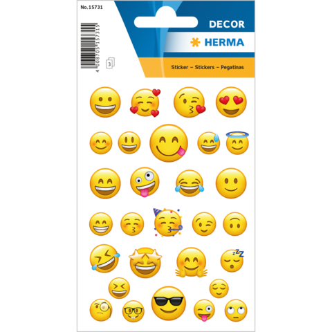 Bogen mit verschiedenen Emoji-Stickern, darunter lachende Gesichter, Herzen und verschiedene emotionale Ausdrücke.