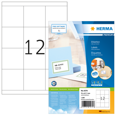 Etikettenpackung von Herma mit 12 Etiketten pro Blatt, inklusive Beispiel für beschriftete Karte und Hinweis auf kostenlose Software.