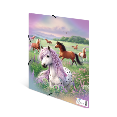 Eine Gruppe von Pferden, darunter ein weißes Pferd mit lila Mähne, grast in einer blühenden Wiese unter einem farbenfrohen Himmel.