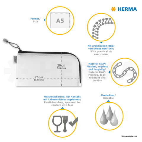Transparente Tasche in A5-Größe, 20 cm hoch und 26 cm breit, mit Reißverschluss, aus flexiblem, wasserfestem EVA-Material, lebensmittelecht.