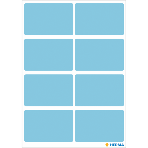 Blauer Aufkleberbogen mit acht leeren rechteckigen Feldern, geeignet für Beschriftungen oder Etikettierungen.
