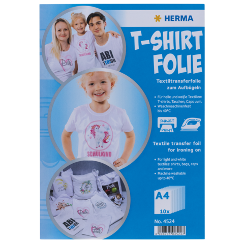 T-Shirt Transferfolie in A4-Größe, geeignet für helle und weiße Textilien. Enthält Anwendungsbeispiele und Pflegehinweise.