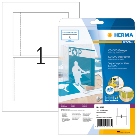CD-DVD-Einleger von Herma, Packung mit 25 Stück, für die Gestaltung von CD-Covers, inklusive Software-Hinweis.