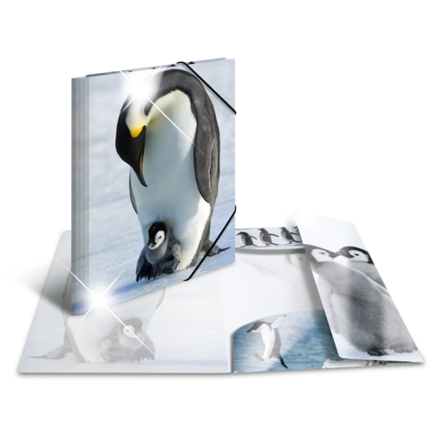 Ein aufgeschlagenes Buch mit Bildern von Pinguinen, darunter ein Pinguin mit seinem Küken auf Schnee.