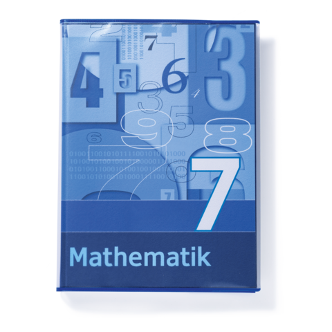 Ein blaues Mathematikbuch mit der Zahl 7 und verschiedenen Zahlen im Hintergrund. Der Titel "Mathematik" ist deutlich sichtbar.