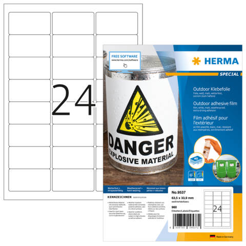 Aufkleber mit der Aufschrift "Danger Explosive Material" und einem Bild eines Gefahrensymbols, umgeben von einem weißen Rahmen mit nummerierten Feldern.