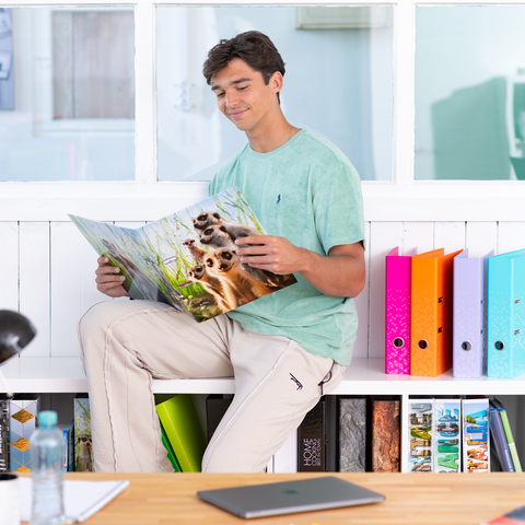 Ein junger Mann sitzt auf einem Tisch und blättert in einem Buch über Tiere, während er in einem hellen Raum mit Ordnern umgeben ist.