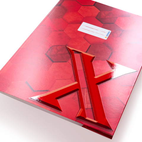 Rotes Heft mit hexagonalem Muster und einem hervorgehobenen, glänzenden roten "X" auf der Vorderseite.