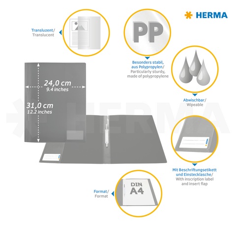 Transparente, stabile Ordnermappe aus Polypropylen, A4-Format, mit beschriftbarem Einsteckfach und abwischbarer Oberfläche. Maße: 24 cm x 31 cm.