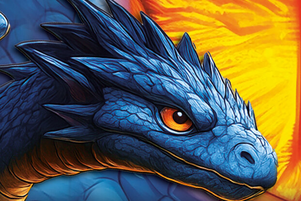 Deux dragons bleus aux yeux brillants et aux dents acérées, entourés de cristaux et d'un arrière-plan enflammé.