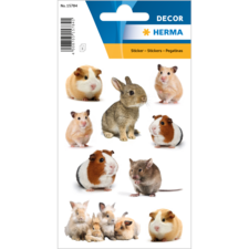 Aufkleber mit verschiedenen kleinen Tieren, darunter Meerschweinchen, Hamster und ein Kaninchen, auf einem dekorativen Hintergrund.