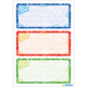 Drei beschriftbare Etiketten in Blau, Rot und Grün mit kindgerechten Illustrationen und dem Text "Schule" in verschiedenen Sprachen.