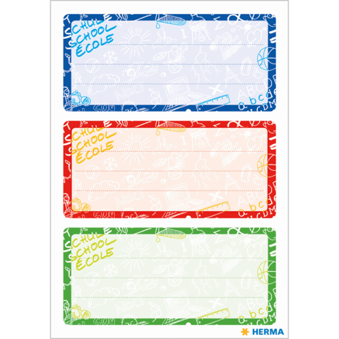 Drei beschriftbare Etiketten in Blau, Rot und Grün mit kindgerechten Illustrationen und dem Text "Schule" in verschiedenen Sprachen.