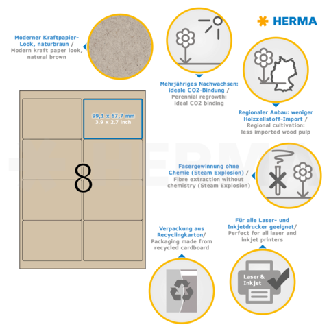 Moderner Kraftpapier-Look in natürlichem Braun, mit Informationen zu CO2-Bindung, regionalem Anbau und Recyclingmöglichkeiten.
