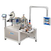 Machine d'étiquetage automatique avec panneau de commande et différents composants mécaniques pour l'étiquetage des produits.