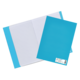 Blaue Ordner und ein liniertes Heft, die auf einem weißen Hintergrund liegen. Der Ordner hat eine Klappe und das Heft ist offen.