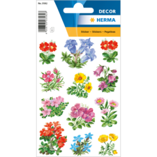 Bunte Blumenaufkleber in verschiedenen Designs, darunter Geranien, Veilchen und andere florale Motive auf einem Stickerbogen.