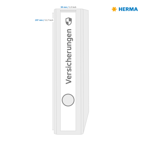 Ein Ordner mit der Aufschrift "Versicherungen", Maße: 297 mm hoch, 38 mm dick, mit einem Logo oben links.