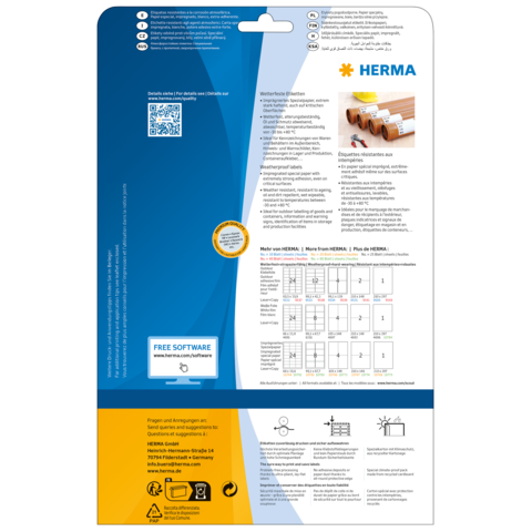 Rückseite einer Verpackung mit Informationen zu HERMA Produkten, einschließlich Anleitungen und einem Hinweis auf kostenlose Software.