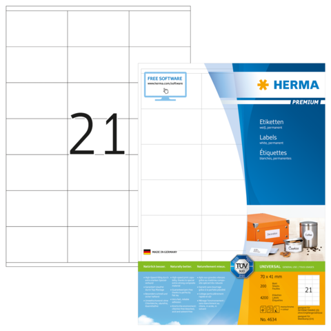 Etikettenblatt mit der Nummer 21, das die Marke HERMA zeigt, einschließlich Produktinformationen und Softwarehinweis.